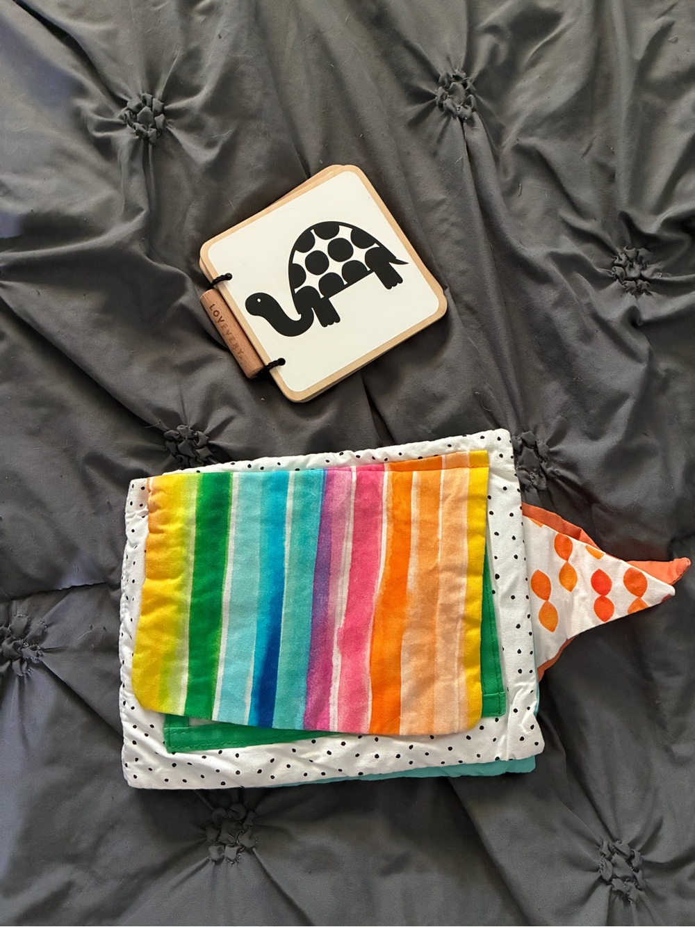 Lovevery Infant Toy Lot - B&W Wooden Book & Rainbow Soft Sensory Book Bundle
